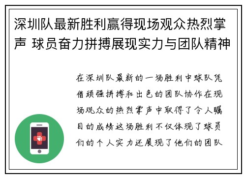 深圳队最新胜利赢得现场观众热烈掌声 球员奋力拼搏展现实力与团队精神