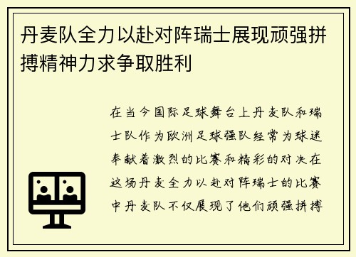 丹麦队全力以赴对阵瑞士展现顽强拼搏精神力求争取胜利